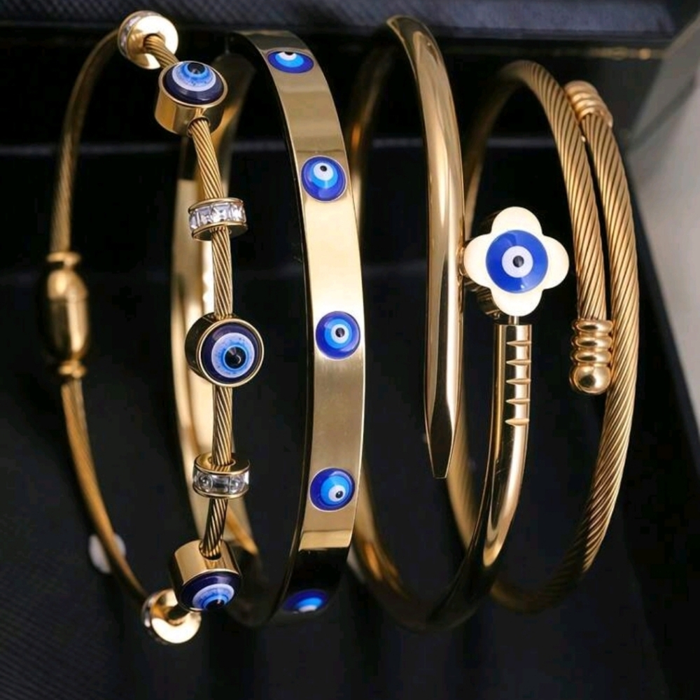 Gold-Tone Evil Eye Bangle Bracelet Set - Blue & White Accents